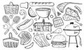 Picnic, grill and barbecue objects set. Outline vector sketch illustration